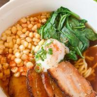 Shoyu Ramen · Chicken broth, pork belly, corn, poached egg, spinach.

Consuming raw or undercooked meats, ...