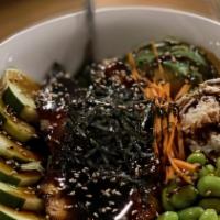 Unagi Bowl · Grilled eel, salad, crab mix, edamame, cucumber, avocado, carrot, sesame seeds, dried seawee...