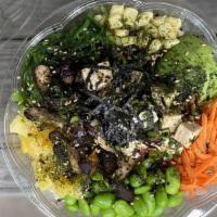Budha Bowl · Cold tofu, seaweed, green onion, avocado, seaweed salad, edamame, corn, carrot, pineapple, s...