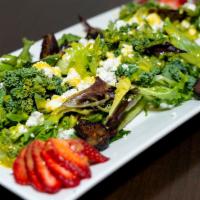 Strawberry Kale Salad · toasted almonds, goat cheese, dried figs, citrus vinaigrette
