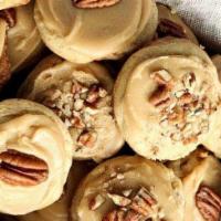 Soft Pecan Cookie · A cookie dough with pecans rolled around in sugar and cinnamon. Contains milk and tree nuts.