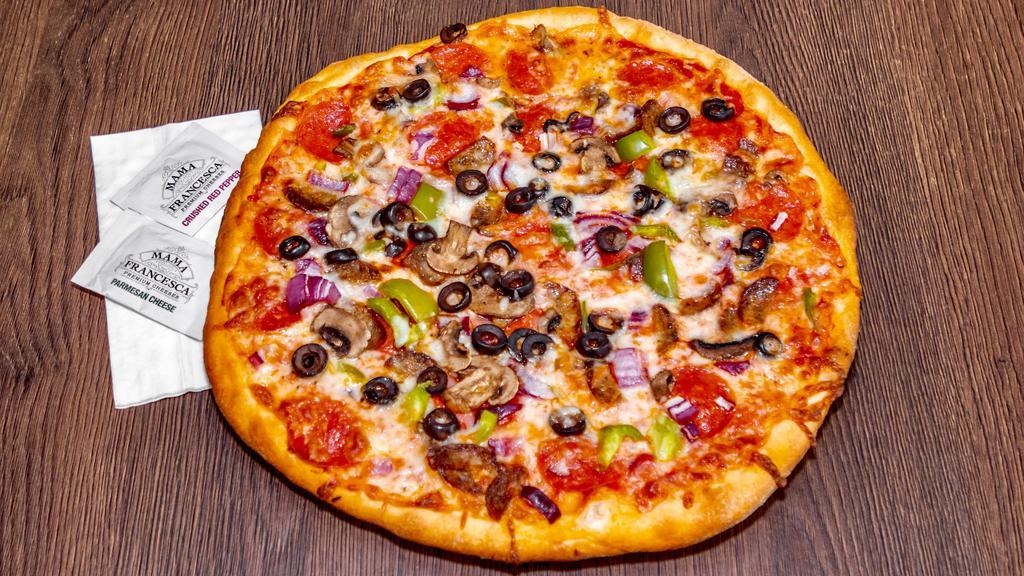Large Dema Supreme Pizza · Pepperoni, Italian Sausage, Mushrooms, Green Peppers, Red Onions, Olives.
