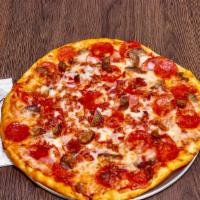 Small Carnivore Pizza · Pepperoni, Canadian Bacon, Italian Sausage and Chopped Bacon.