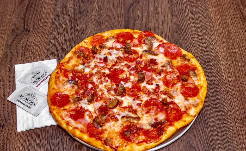 Small Carnivore Pizza · Pepperoni, Canadian Bacon, Italian Sausage and Chopped Bacon.