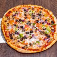Large Vegetarian Pizza · Green Peppers, Onions, Mushrooms, Tomatoes and Olives.