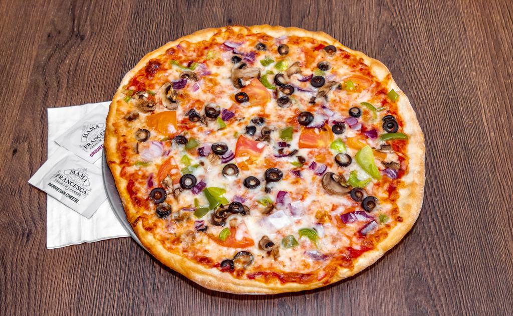 Large Vegetarian Pizza · Green Peppers, Onions, Mushrooms, Tomatoes and Olives.