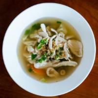 Vegetable Chicken Soup · Clear chicken broth soup with broccoli, cabbage, carrot, baby corn, onion and chicken topped...