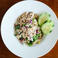 Larb Salad · Your choice of protein in lime juice, fish sauce, onion, cilantro, rice powder, and galanga.
