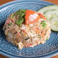 Crab Fried Rice · Thai fried rice with real crab meat and imitated crab meat, egg, tomato, onion and pea carrot