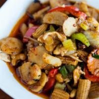 Cashew Delight · Cashew nut stir fry with chili jam, carrot, baby corn, onion, water chestnut, and red bell p...