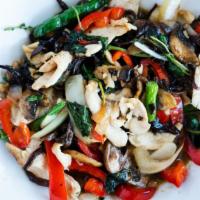 Spicy Basil · All time favorite Pad Kra Prao, hot basil, green bean, red bell pepper, onion and choice of ...