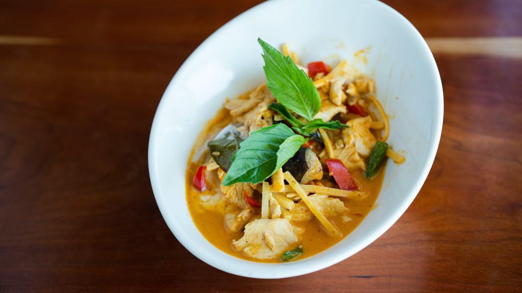 Red Curry · Bamboo shoots, red bell pepper, basil, eggplant, and green bean.