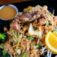 Soft Shell Crab Pad Thai · Delicious Pad Thai topped with lightly battered soft shell crab.