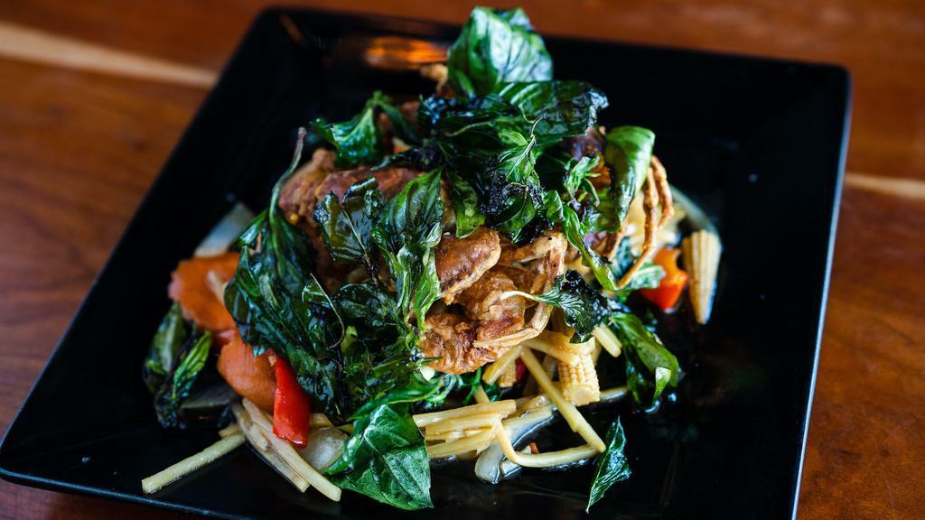 Crispy Basil Soft-Shell Crab · Crispy soft-shell crab in a special house spicy garlic sauce topped with crispy basil.