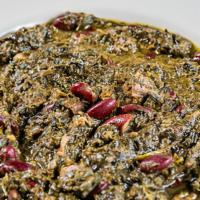 Ghormeh Sabzi · Sautéed herbs, red kidney beans, beef, and dry limes, served with rice ‘chelow’.