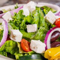 Greek Salad (Half) · Fresh greens, tomatoes, cucumbers, onions, feta cheese, kalamata olives, and Greek peppers, ...
