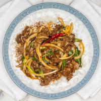 Mongolian Beef · Hot. Beef slices in a special house Sauce, served over crispy rice noodles.