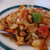 Curried Chicken · Spicy. Diced dark meat chicken stir-fried with bell peppers and onions in an imported curry ...