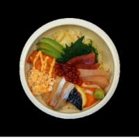 Chirashi Don. · chef's choice sashimi, sushi rice, avocado