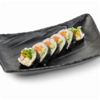 Sake Sushi Roll · King salmon, California crab mix, mayo, kaiware, avocado, and cucumber.