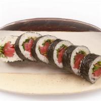 Aka-Wasa Roll · bluefin akami, pickled wasabi stems, fresh wasabi leaf, chive
