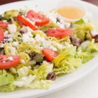 Greek Salad · Fresh romaine lettuce, tomatoes, cucumber, green pepper, onion, Greek olive, feta cheese, pe...