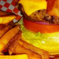 Bacon Monster Cheeseburger Combo · Thick half pound all beef burger flame grilled, topped with 4 slices of honey bacon, lettuce...