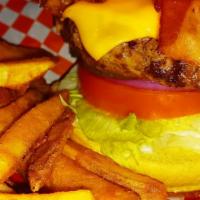 Bacon Bbq Burger Combo · Half pound all beef burger flame grilled, topped with your choice of cheese and two slices o...