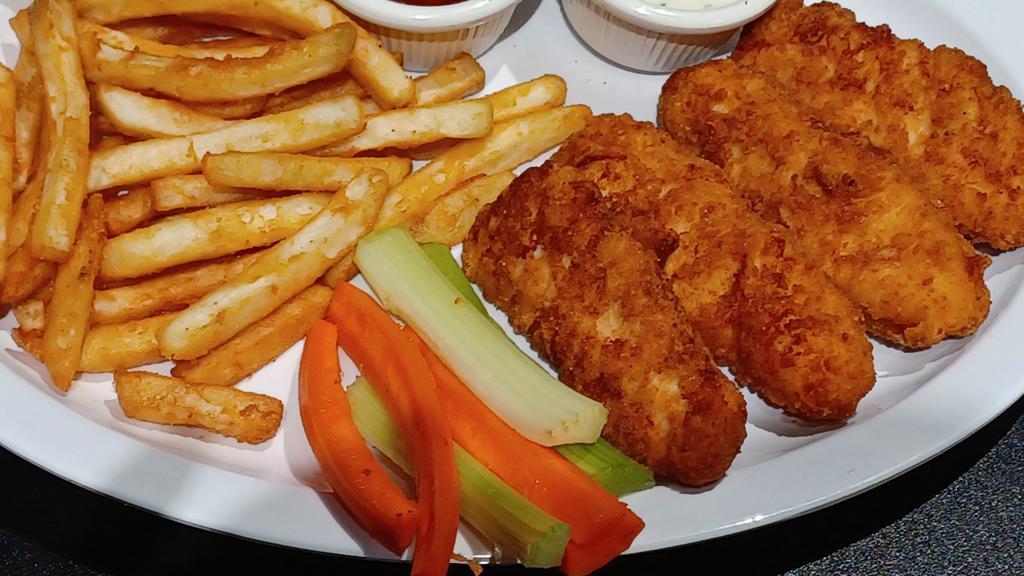 Chicken Tenders Basket · Chicken breast tenders breaded and deep fried to a golden finish served with fries and ranch dressing or honey mustard sauce.
