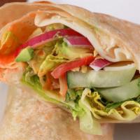 Veggie All The Way · Romaine lettuce, tomato, cucumber, red onion, avocado, provolone cheese and honey blazed dre...