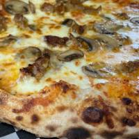 Spicy Sausage Pizza · Hand stretched dough topped with signature pizza sauce, olive oil, parmesan cheese, fresh mo...