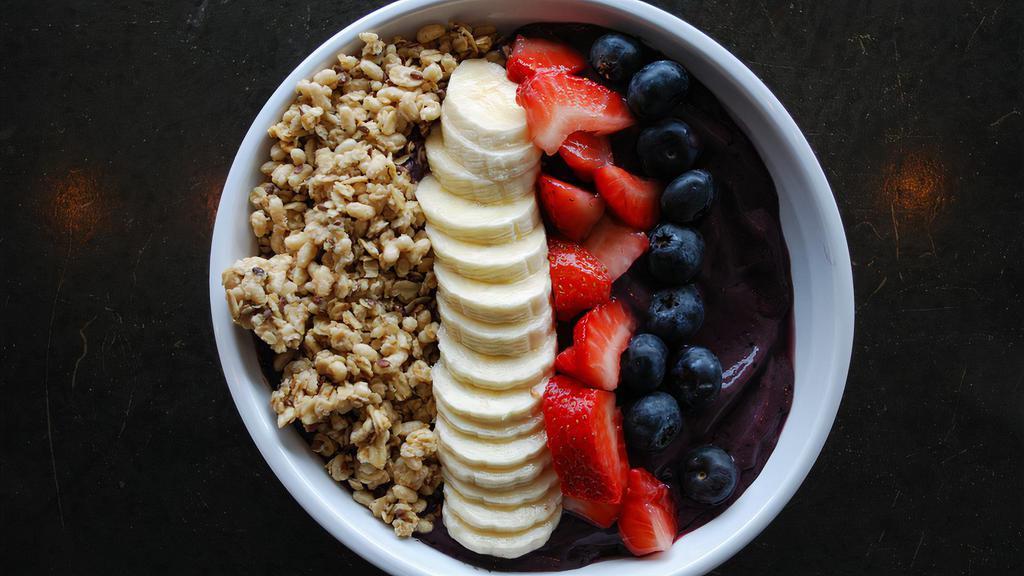 Og Brazi · blend: organic acai and banana
toppings: organic hemp granola, banana, strawberries and blueberries