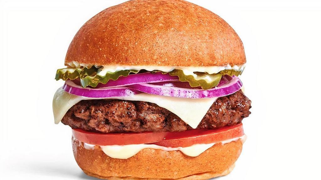 The No. 6 Burger · 1/3 Lb. Grass Fed, Grass Finished Carman Ranch Beef Patty, Face Rock Two-Year Aged White Cheddar, Mayonnaise, Tomato, Red Onion, Pickles on a Grand Central Bakery Brioche Bun