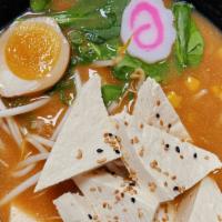 Miso Ramen · Spicy available. Chicken broth, miso base spinach, bean sprout, corn, egg, fish cake