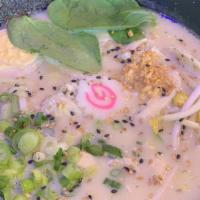 Creamy Ramen · Spicy available. Chicken broth, creamy sesame base spinach, bean sprout, corn, egg, fish cake