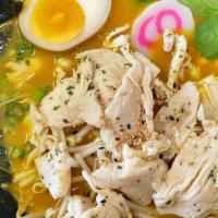Curry Ramen · Spicy. Chicken broth, curry base, spinach, bean sprout, corn, egg, fish cake