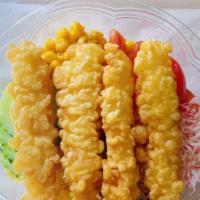 Shrimp Tempura Bowl · Fried shrimp, crab salad, edamame, tomato, cucumber, corn, pineapple, spicy mayo, sweet soy ...