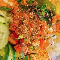 Spicy Combo Bowl · Spicy tuna, spicy salmon, tofu, green onion, seaweed, fish egg, spicy crab salad, egg, cucum...