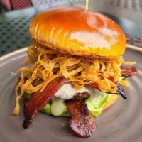 Humboldt Burger* · Short Rib / Brisket Patty, Sugar Cured Bacon,
Red Onion Jam, Bibb Lettuce, Crispy Onions,
Cr...