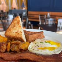 Simple Breakfast* · Two Eggs Any Style, Sugar-Cured Bacon or Maple Sausage, Toast, Crispy Potatoes
