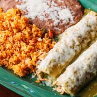 Enchiladas Suizas · Gluten-free. Two filled corn tortillas covered in sauce and melted cheese, served with rice ...