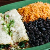 Spinach Enchiladas · Gluten-free. Two filled corn tortillas covered in sauce and melted cheese, served with rice ...
