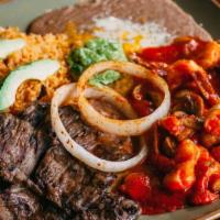 Carne Asada W/ 4 Camarones · Spicy. Thinly sliced skirt steak cooked over charcoal and your choice of Camarones: La Palme...