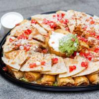 Party Tray · Feeds 10-12 people. Includes: Taquitos & Quesadillas, garnished with lettuce, tomatoes, onio...