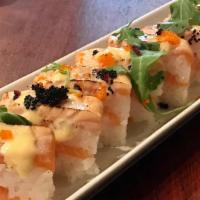 Sunburn Salmon Press Sushi · seared salmon, arugula, tobiko, habanero aioli