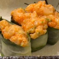 Spicy Scallop Sushi (3Pcs) · spicy scallops, tobiko, scallion, seaweed cucumber wrap