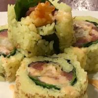 Victory Roll W/Reaper Aioli · turmeric sushi rice, spicy tuna, shrimp tempura, spring mix, reaper pepper aioli