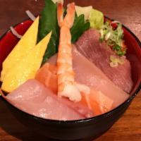 Rainbow Chirashi · tuna, salmon, yellowtail, albacore, shrimp, tamago over sushi rice