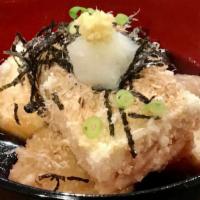 Agedashi Tofu · deep fried tofu with dashi, bonito flakes, grated daikon, and nori