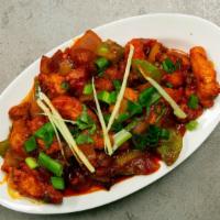 Chicken Chili · Indo-Chinese dish made with boneless chicken, onion, bell pepper and cooked in sweet chili s...